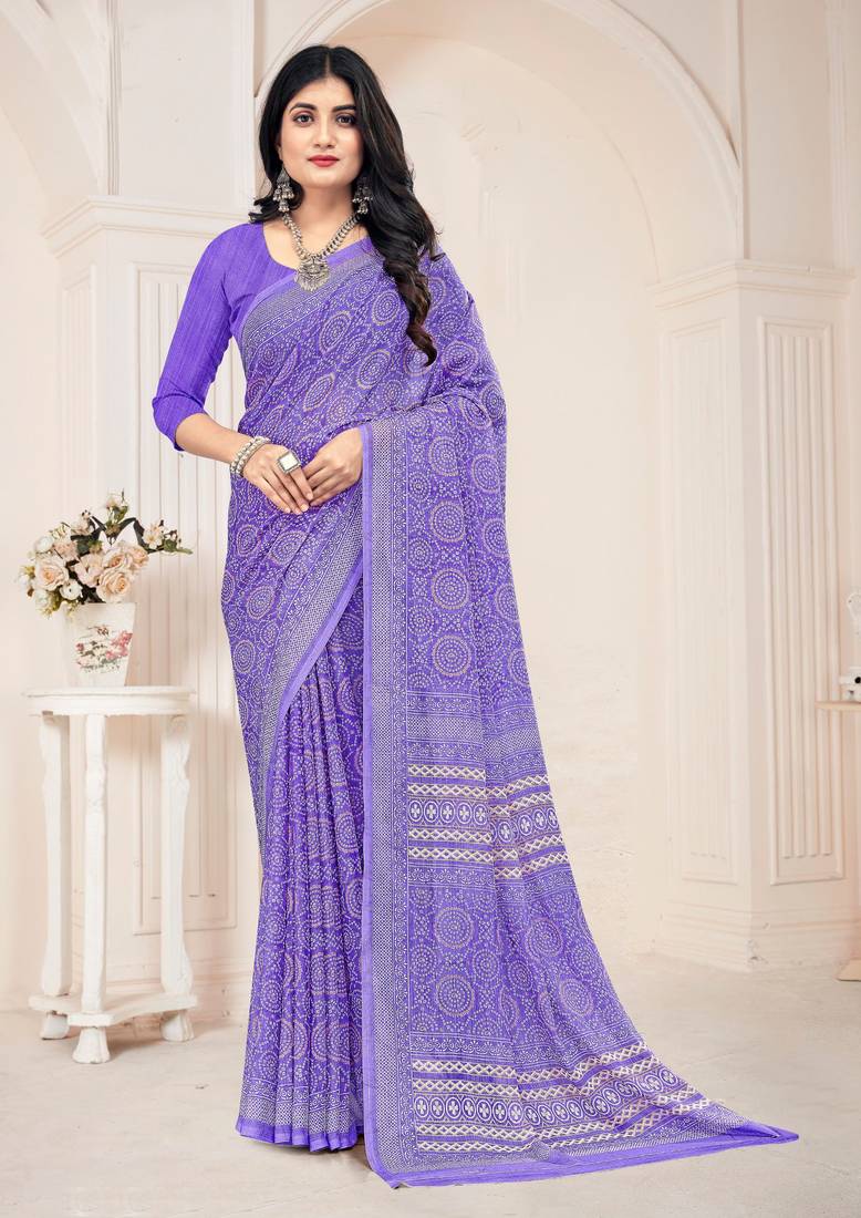 Roop Kashish Blue Color Bandhani Print Chiffon Printed Saree And Printed Blouse Piece