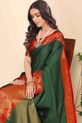 Leeza Banarasi Silk Embroidered Olive Green Saree with Blouse 1