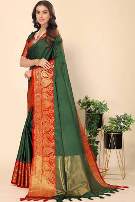Leeza Banarasi Silk Embroidered Olive Green Saree with Blouse 2