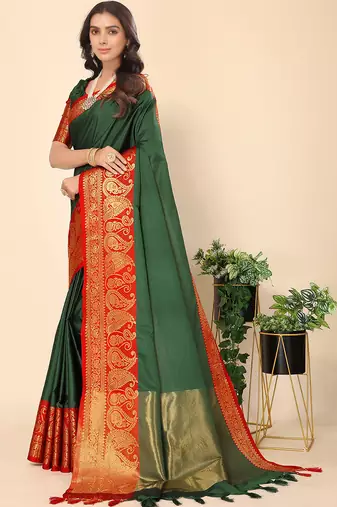 Leeza Banarasi Silk Embroidered Olive Green Saree with Blouse