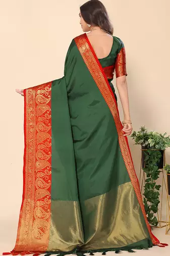 Leeza Banarasi Silk Embroidered Olive Green Saree with Blouse
