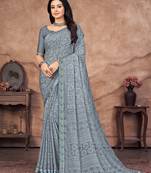 Roop Kashish Grey Color Chiffon Printed Saree With Attached Banaras Border And Blouse Piece