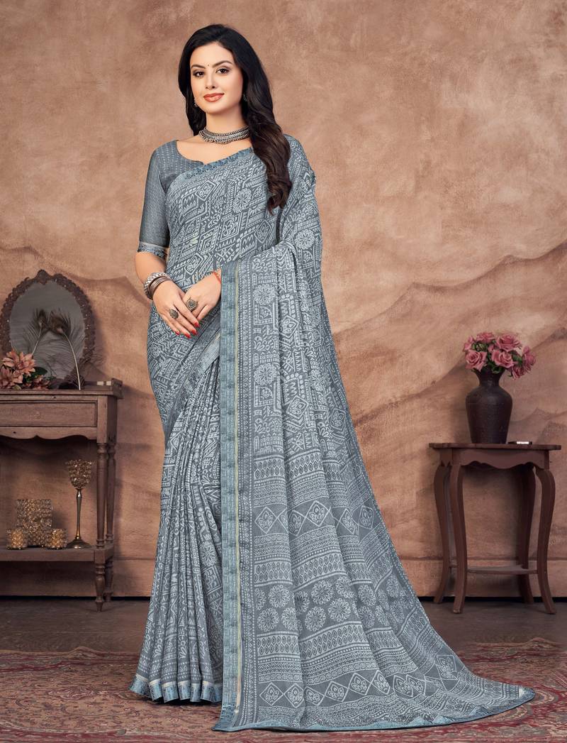 Roop Kashish Grey Color Chiffon Printed Saree With Attached Banaras Border And Blouse Piece