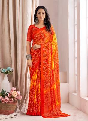 Roop Kashish Orange Color Bandhani Print Chiffon Printed Saree And Printed Blouse Piece 1