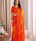 Roop Kashish Orange Color Bandhani Print Chiffon Printed Saree And Printed Blouse Piece