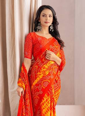 Roop Kashish Orange Color Bandhani Print Chiffon Printed Saree And Printed Blouse Piece 2