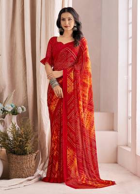 Roop Kashish Red Color Bandhani Print Chiffon Printed Saree And Printed Blouse Piece 1