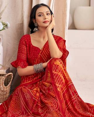 Roop Kashish Red Color Bandhani Print Chiffon Printed Saree And Printed Blouse Piece 2