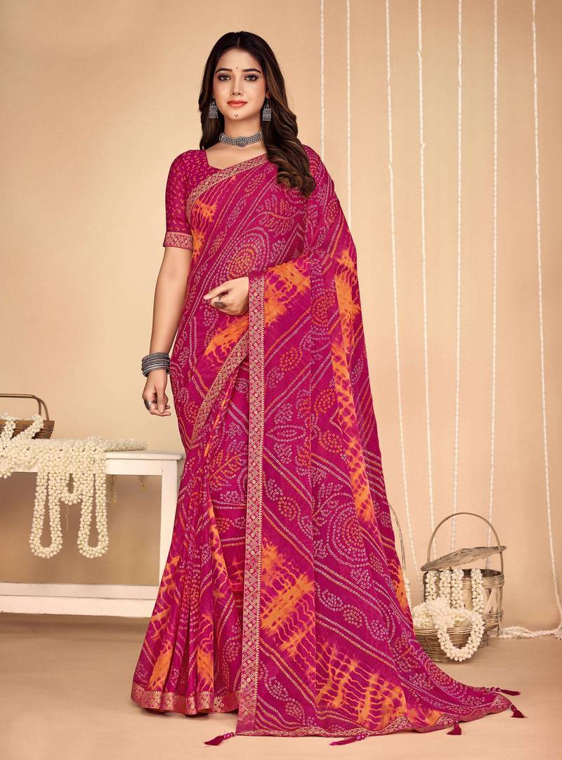Roop Kashish Pink Color Bandhani Print Chiffon Printed Saree And Blouse Piece