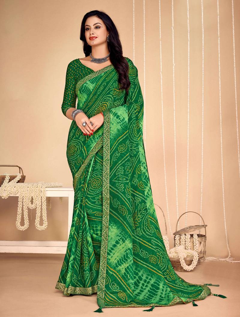 Roop Kashish Green Color Bandhani Print Chiffon Printed Saree And Blouse Piece