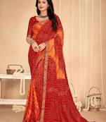 Roop Kashish Red Color Bandhani Print Chiffon Printed Saree And Blouse Piece
