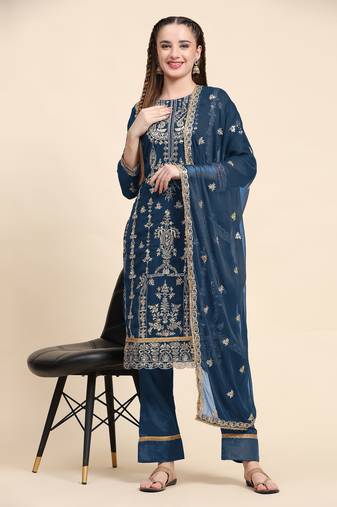 Blue Designer Jari Embroidery Work Faux Georgette Semistiched Long Length Kameez Pant party wear salwarsuit