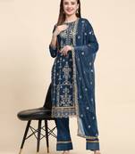 Blue Designer Jari Embroidery Work Faux Georgette Semistiched Long Length Kameez Pant party wear salwarsuit
