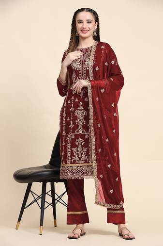 Maroon Designer Jari Embroidery Work Faux Georgette Semistiched Long Length Kameez Pant party wear salwarsuit