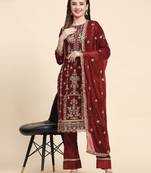 Maroon Designer Jari Embroidery Work Faux Georgette Semistiched Long Length Kameez Pant party wear salwarsuit