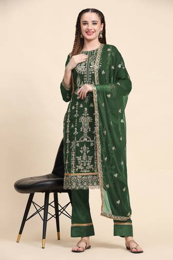 Green Designer Jari Embroidery Work Faux Georgette Semistiched Long Length Kameez Pant party wear salwarsuit