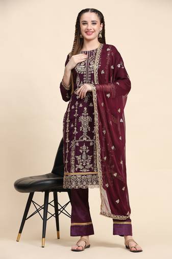 Purple Designer Jari Embroidery Work Faux Georgette Semistiched Long Length Kameez Pant party wear salwarsuit