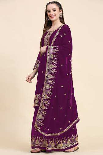 Purple Designer Embroidery Work Faux Georgette Semistiched Long Length Kameez Plazzo party wear salwarsuit