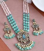 Gold plated green & rose quartz layered long jewellery set