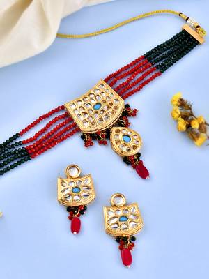 Red green choker kundan jewellery set 1