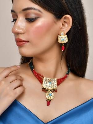 Red green choker kundan jewellery set 2
