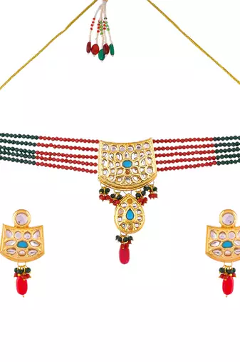 Red green choker kundan jewellery set