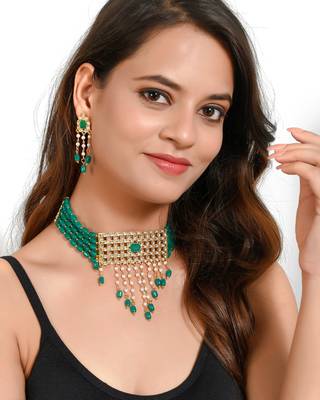 Diya green beads choker necklace set 2
