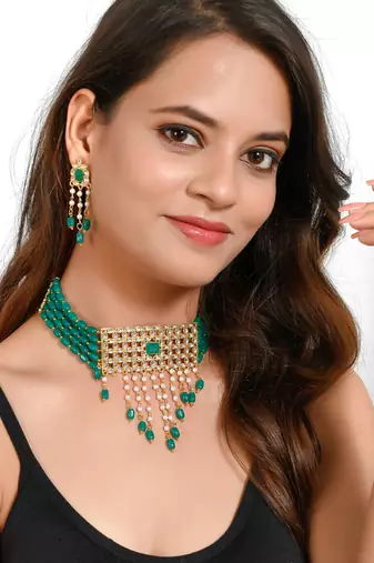 Diya green beads choker necklace set
