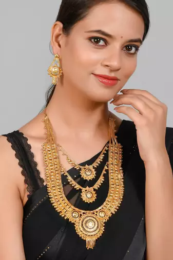 Gold plated triple layer temple jewellery set