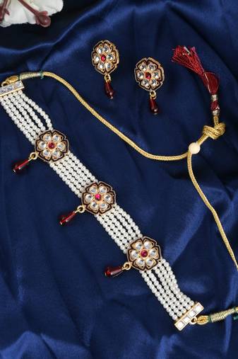 Layered white pearl choker necklace set