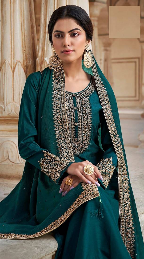 Rama Designer Heavy Embroidery Work Dola Silk Semistiched Long Length Kameez Plazzo party wear salwarsuit
