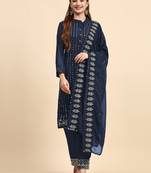Blue Sequance Embroidery Work Faux Georgette Semistiched Long Length Kameez Pant party wear salwarsuit