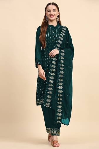 Green Sequance Embroidery Work Faux Georgette Semistiched Long Length Kameez Pant party wear salwarsuit