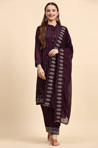 Purple Sequance Embroidery Work Faux Georgette Semistiched Long Length Kameez Pant party wear salwarsuit