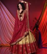 Pleating Style Chiku and Maroon Banarasi Silk semi-stitched Half Saree with unstitched Blouse and Dupatta