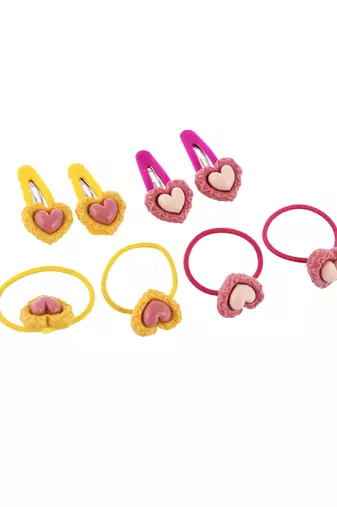 Set of 8 heart tic tac and rubber band hair accessory set