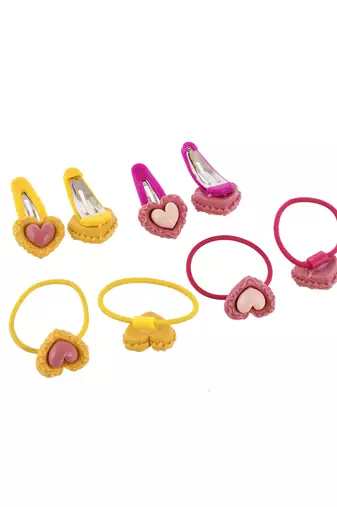Set of 8 heart tic tac and rubber band hair accessory set