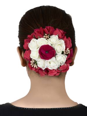 Red & white handcrafted beaded floral hair bun cover 2