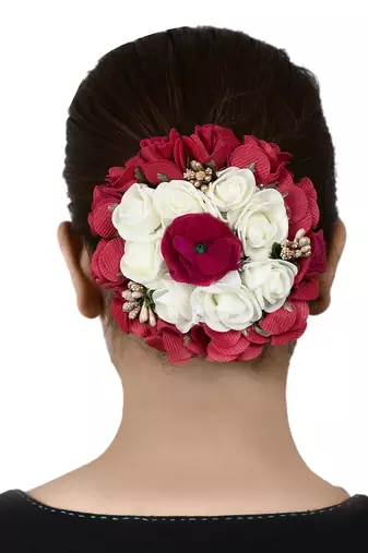 Red & white handcrafted beaded floral hair bun cover