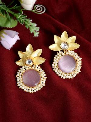 Gold plated pink quartz floral heavy traditional drop earrings 1