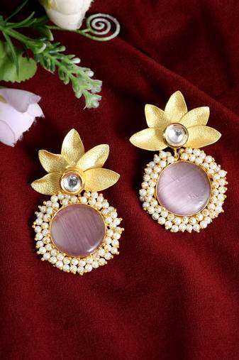 Gold plated pink quartz floral heavy traditional drop earrings