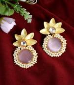 Gold plated pink quartz floral heavy traditional drop earrings