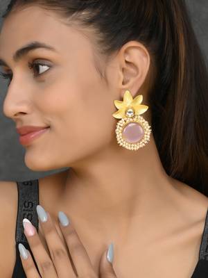 Gold plated pink quartz floral heavy traditional drop earrings 2