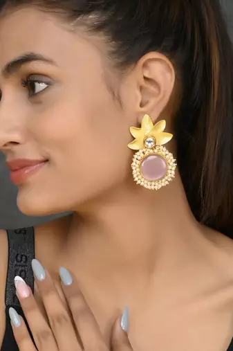 Gold plated pink quartz floral heavy traditional drop earrings