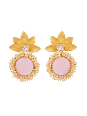 Gold plated pink quartz floral heavy traditional drop earrings 3