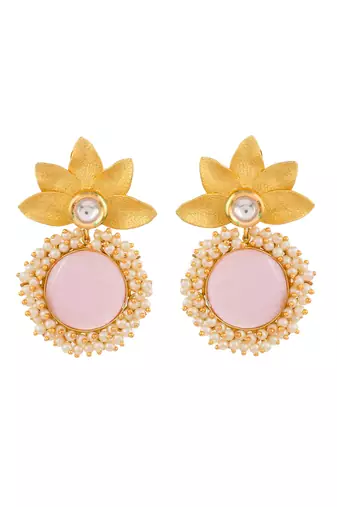Gold plated pink quartz floral heavy traditional drop earrings