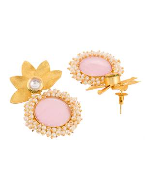 Gold plated pink quartz floral heavy traditional drop earrings 4