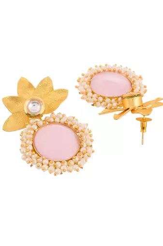 Gold plated pink quartz floral heavy traditional drop earrings