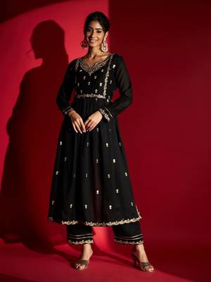 Women's Black Vichitra Silk Embroidered A-Line Kurta with Pant Set 1