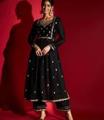 Women's Black Vichitra Silk Embroidered A-Line Kurta with Pant Set